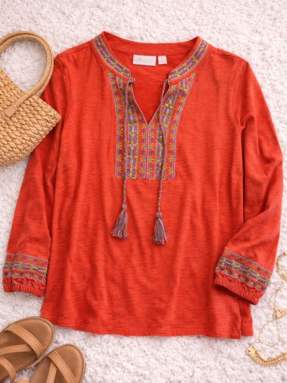 Belle by Kim Gravel Boho Embroidered Tassel Top Medium Coral Peasant Blouse